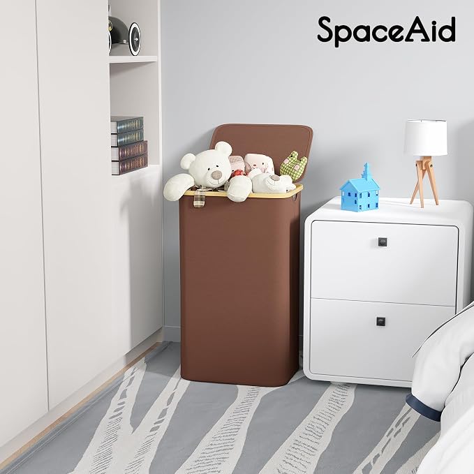 SpaceAid Laundry Hamper with Lid, 110L Large Tall Clothes Basket Bin with Bamboo Handles, Collapsible Laundry Hamper for Bedroom, Bathroom, Dorm, Laundry Room - Brown - Image 3