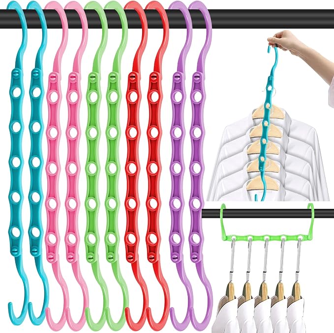 DUCOO Space Saving Hangers 10 Pack, Heavy Duty Magic Cascading Hanger Organizer with 5 Enclosed Anti-Slip Holes, Closet Organizers and Storage for Clothes, College Dorm Room Essentials, Multicolor by Unknown