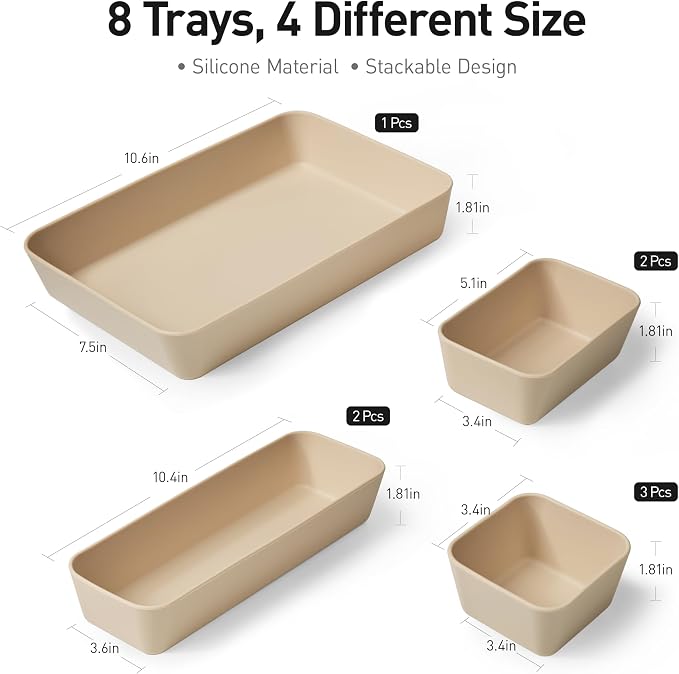 ISSEVE 8Pcs Nesting Silicone Drawer Organizer Trays, 4 Size Versatile Vanity Bathroom & Desk Drawer Organizer Set Storage Bins for Office,Kitchen,Nightstand,Beige - Image 2