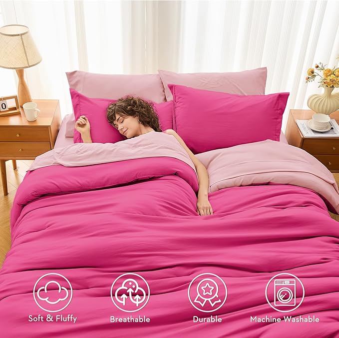 MUXHOMO 7 Pieces King Comforter Set, Soft Bed in a Bag King Size, All Season Bedding Set with Comforter, Flat Sheet, Fitted Sheet, Pillowcases & Shams, Hot Pink & Baby Pink