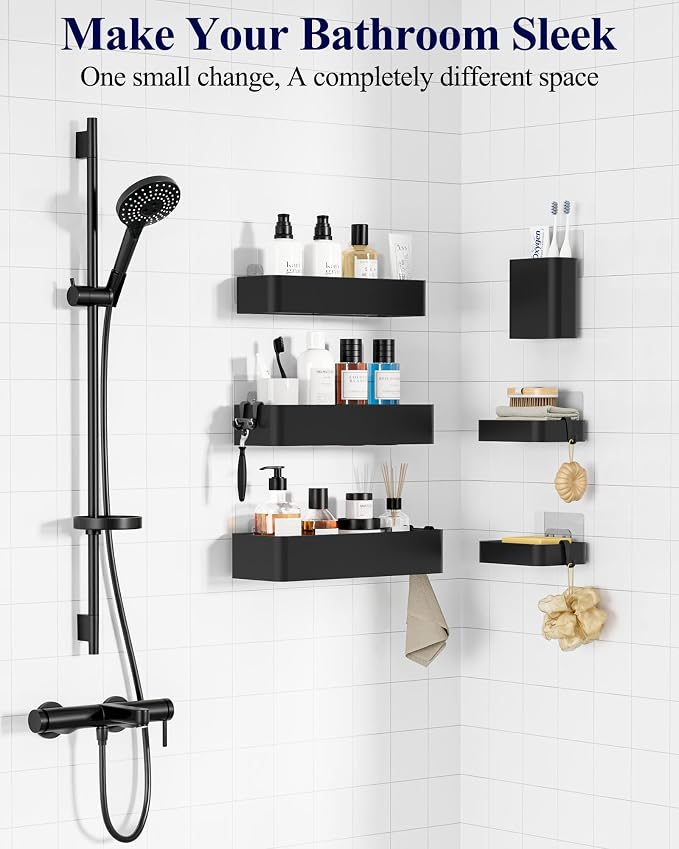 Kitsure Shower Caddy Adhesive - 6-Pack, No-Drilling Shower Shelves with Soap Holder, Toothbrush Holde, 6 Hooks, Rustproof & Stylish Bathroom Organizers and Storage Solution, Black, Large - Image 2