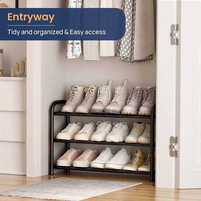 ENJOYBASICS 3 Tier Expandable Shoe Rack for Closet, Free Standing Metal Shoe Shelf Storage Organizer Holder 12 Pairs, Adjustable Width Shoe Rack for Entryway Small Space, Black | Adjustable, for Closet, Shoe Rack Storage, for Small Space, Entryway - Image 4