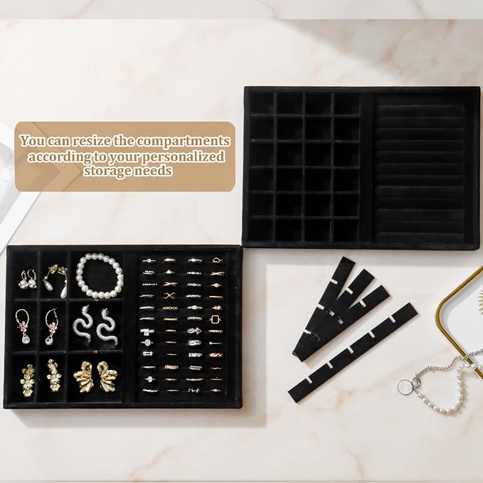 Large Velvet Jewelry Tray 2 Pack Stackable Jewelry Display Drawer Inserts Trays Organizer for Earring Bracelet Necklace Ring (Black, Ring and 24 Grids) - Image 3