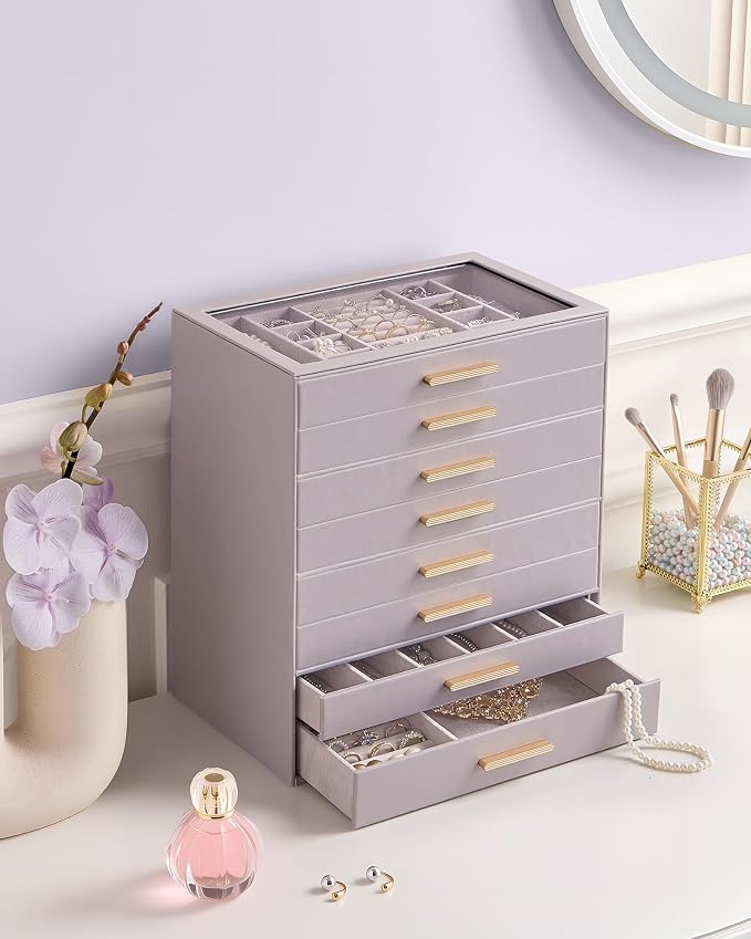 Lolalet Jewelry Box Organizer, 8-Layer Jewelry Organizers and Storage Case with Glass Lid, Ring Earring Bracelet Necklace Holder Organizer, Birthday Valentine Gifts for Women Girls -8Layer, HazePurple - Image 2