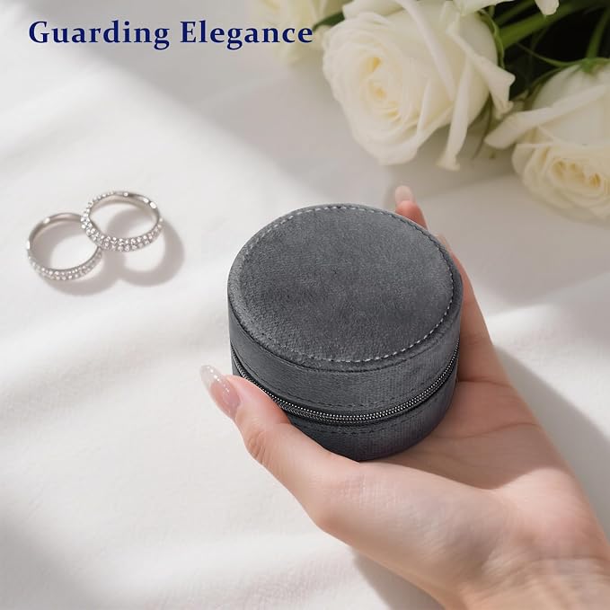 CONBOLA Travel Jewelry Case Small Jewelry Box for Women Girls,Round Velvet Mini Jewelry Travel Organizer,Portable Jewelry Box for Rings Earrings Necklaces Bracelets.(Grey,Small) - Image 6