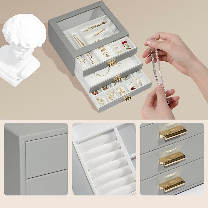 Jewelry Box Organizer with 3 Drawers,Glass Lid Jewelry Boxes for Women,Jewelry Storage for Rings,Necklaces,Earrings,Bracelets,Interesting Gift,Gray - Image 5
