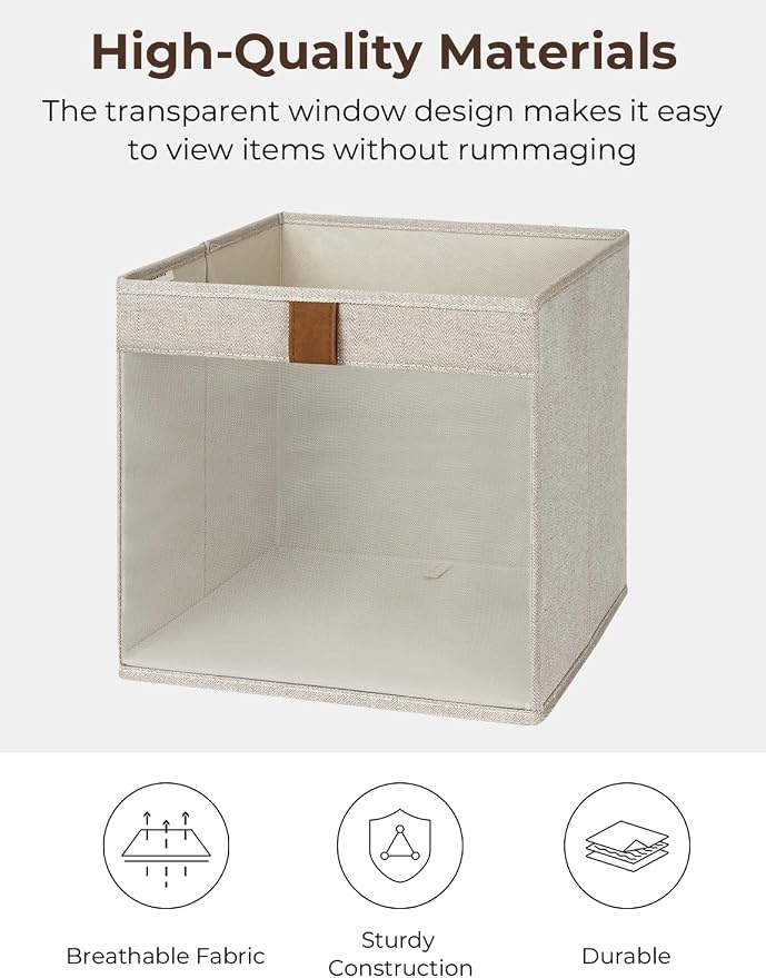 StorageWorks 11x11 Storage Cubes, Closet Storage Bins with Clear Window, Fabric Organizer for Clothes, Collapsible Storage Baskets with PU Handles, Brown and Beige, 3-Pack - Image 3