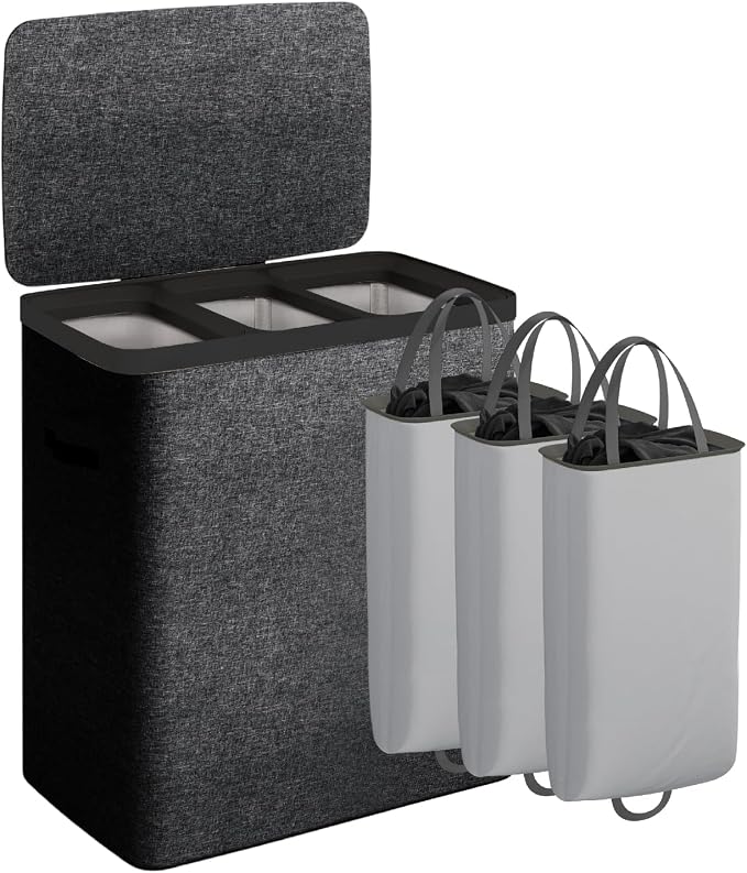 CASAMAYA Laundry Basket with Lid, Laundry Hamper 3 Section, 190L collapsible Laundry Organizer, Easy Assembly,with Handles and Removable Liners, 25.2 x 15.7 x 29.5 Inches, Black JSP904B by Unknown