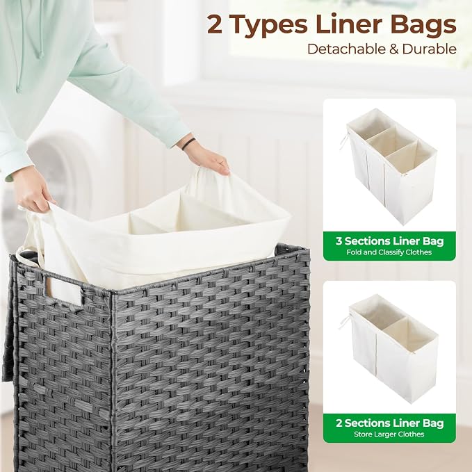 Greenstell Laundry Hamper with Lid, 125L Wicker Laundry Baskets with 2 Removable Liner Bags & 5 Mesh Laundry Bags, Handwoven Rattan Clothes Hamper with Handles for Clothes in Bathroom, Bedroom - Image 3