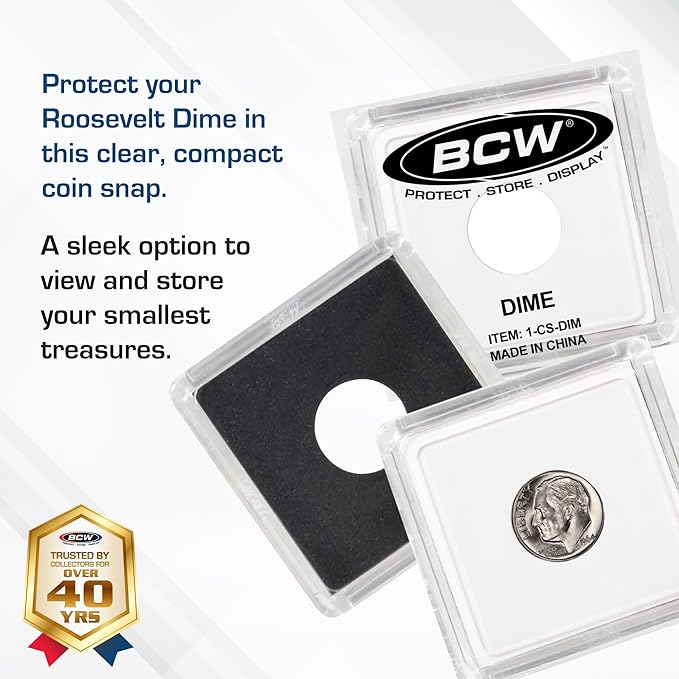 BCW 2x2 Coin Snap - 25 ct Dime Holder | Archival Safe Coin Protector | Crystal Clear Polystyrene Coin Display Case | Ideal for US Roosevelt, Barber, and Mercury Dimes | Coin Holders for Collectors