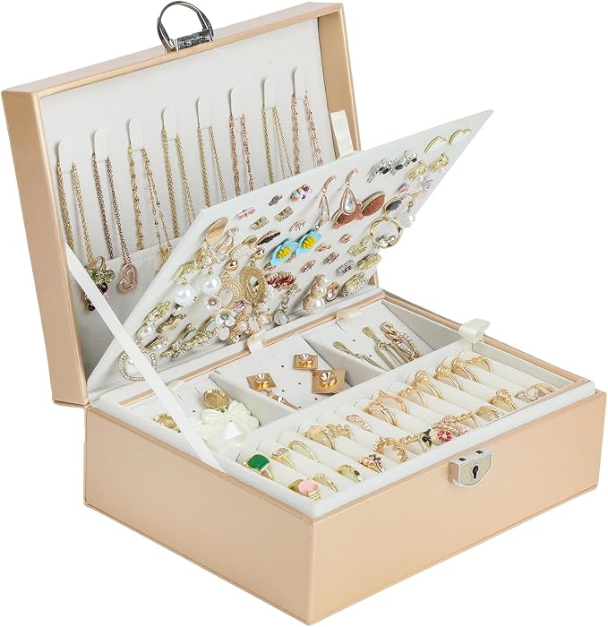 BOOVO Earring Jewelry Box For Women Girl Stud Organizer, 4 Layers Girl Jewelry Organizer Box With Lock Earring Holder Organizer Necklace Ring Jewelry Organizer Box For Girls (Champagne, 4 layer) by BOOVO