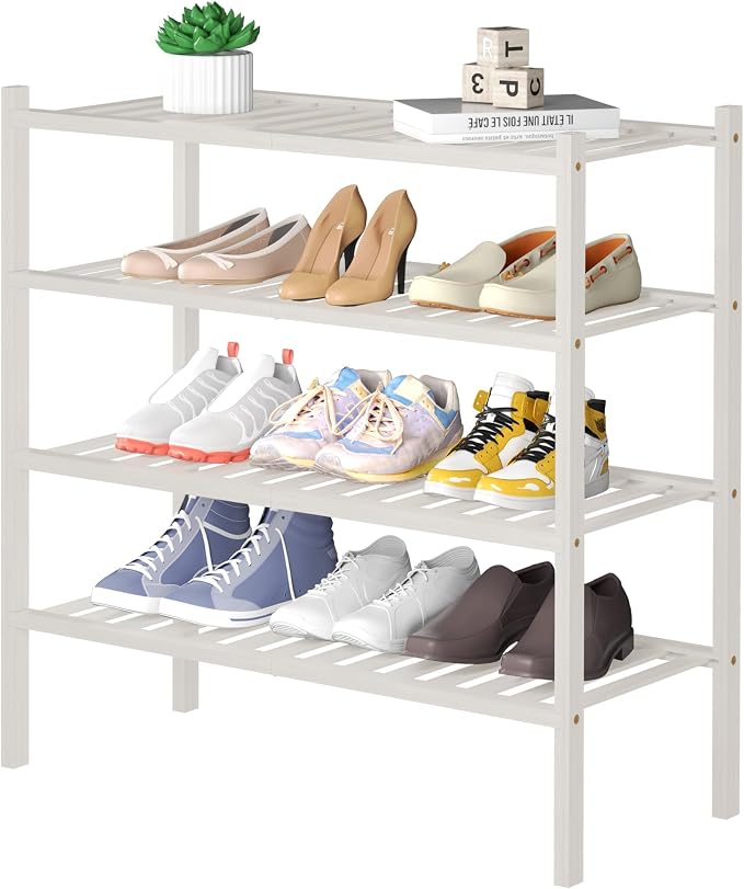 ROMGUAR CRAFT 4 Tier Bamboo Shoe Rack for Closet Free Standing Wood Shoe Shelf for Entryway Small Space Stackable 27"x11"x26" (White) by ROMGUAR+CRAFT