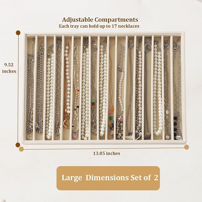 Large Velvet Jewelry Tray 2 Pack Stackable Jewelry Display Drawer Inserts Trays Organizer for Earring Bracelet Necklace Ring (Beige, 16 Grids) - Image 3