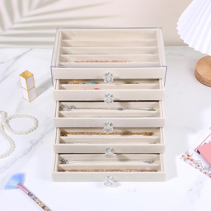 5-Drawer Necklace Organizer Box with Clear Acrylic & Velvet Lining, Beige Necklace Storage Box for Chains, Pendants, Stackable Dustproof Jewelry Holder(9.25 x 5.9 x 6.69 in) - Image 6