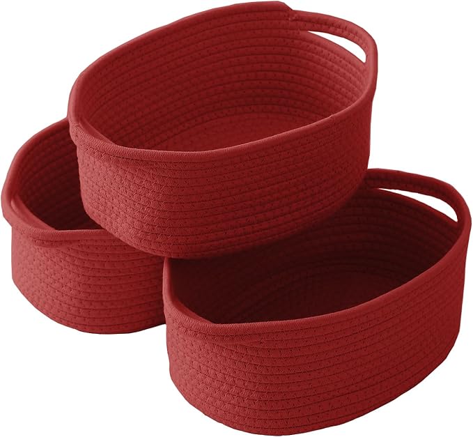 JMvicyroam Woven Basket,Small Rope Storage Bin with Handles & Ribbon Bag, Organizer for Shelves Closets,Gift Basket Empty for Birthday,Books,Dog Toys, Red/3 Pack by JMvicyroam