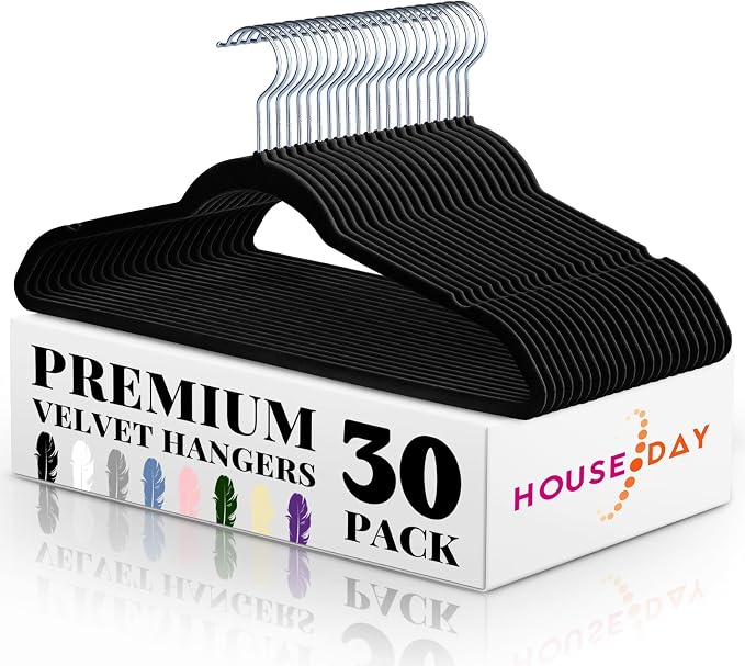 HOUSE DAY Premium Velvet Hangers 30 Pack Black, Non-Slip Flocked Felt Hangers, Sturdy Clothes Hanger with 360° Rotatable Hook, Heavy Duty Durable Slim Coat Hanger for Closet Space Saving by HOUSEDAY