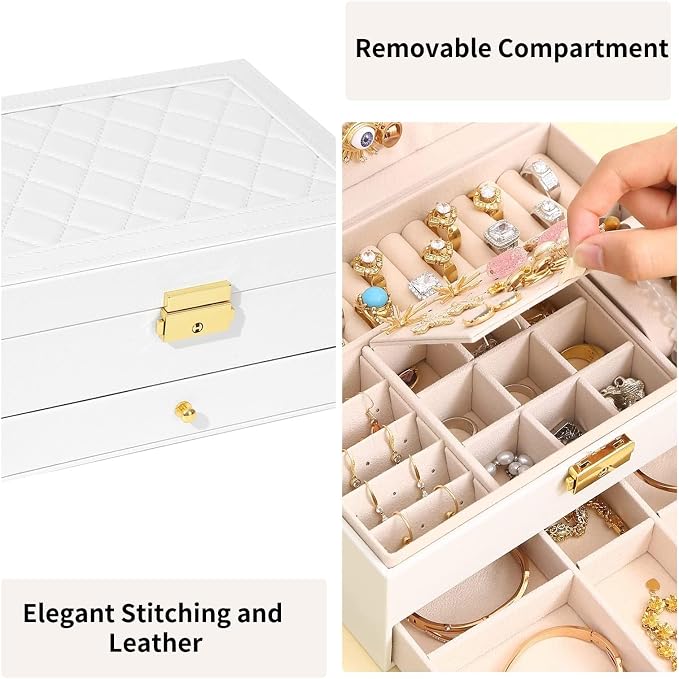 GUOER Jewelry Box for Women Girl Wife - Large PU Leather Jewelry Organizer Storage Case with Two Layers Display for Earrings Bracelets Rings Watches Mother's Day (White) - Image 6