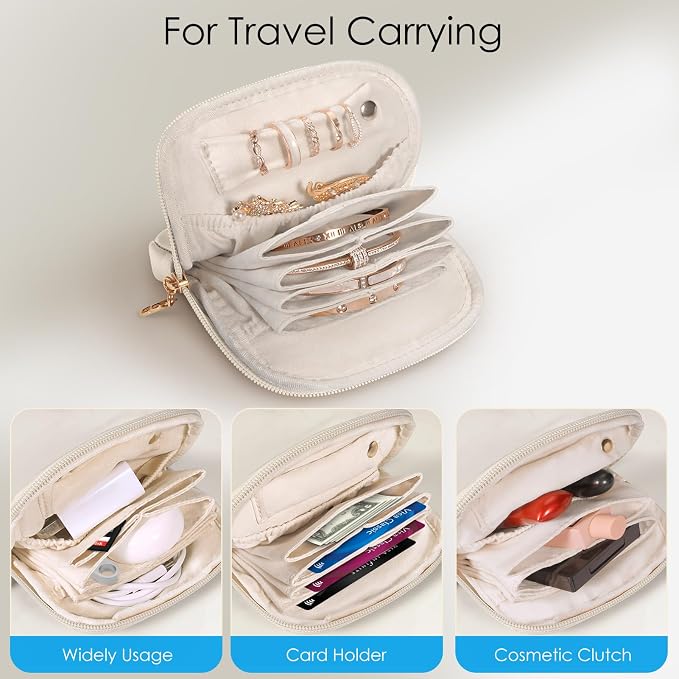 SITHON Small Travel Jewelry Case with Ring Holder, Mini Velvet Jewelry Pouch Bags, Compact Storage Organizer for Bracelet Necklaces Earrings Travel Essentials, Mother’s Day Gifts (Cream White) - Image 7