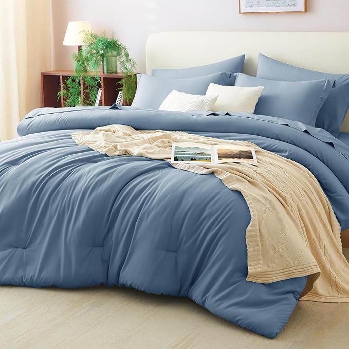 CozyLux Oversized King Comforter Set Grayish Blue, 7 Pieces Bed in a Bag Comforter Set with Sheets, Dusty Blue Luxury Soft Bedding Sets with Down Alternative Comforter, Sheets, Pillowcases and Shams