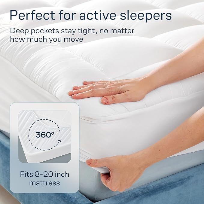 Cloud-Like Queen Mattress Topper - 100% Cotton Top Mattress Pad for Back Pain Relief - Breathable & Naturally Cooling for Hot Sleepers, White
