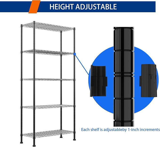 REGILLER 5-Wire Shelving Metal Storage Rack Adjustable Shelves,Standing Storage Shelf Units for Laundry Bathroom Kitchen Pantry Closet(Black,14.1" D x 30" W x 79" H) - Image 5