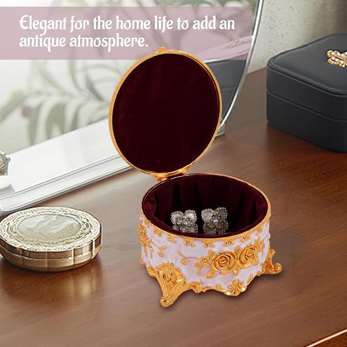Vintage Jewelry Box, Gold Round Treasure Ring Box, Metal Trinket Organizer Keepsake Box Gift for Girl Women, Beige - Image 9