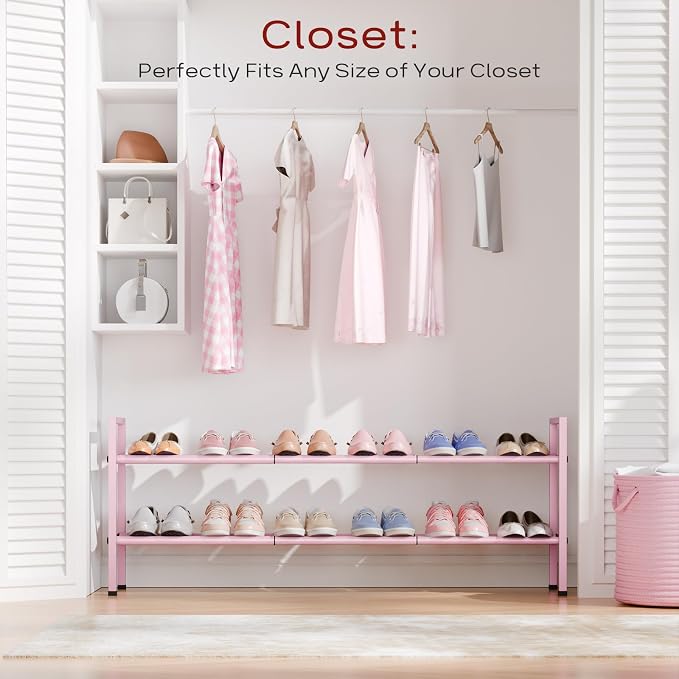 Bumusty 2-Tier Long Expandable Shoe Rack for Closet, 18"-44" Adjustable Shoe Rack for Entryway, 10-12 Pairs Large Shoe Organizer Shelf Storage, Sturdy Metal, Pink - Image 2
