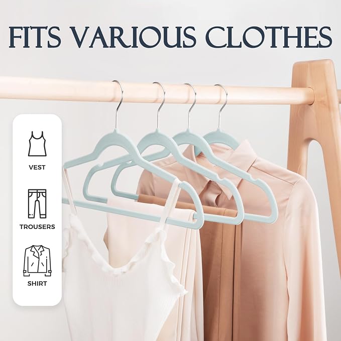 HOUSE DAY Sky Blue Velvet Hangers 60 Pack, Non Slip Clothes Felt Hanger Heavy Duty for Coat, Premium Slim Space Saving Suit Hangers for Closet Organizer, 360° Rotating Silver Hook - Image 3