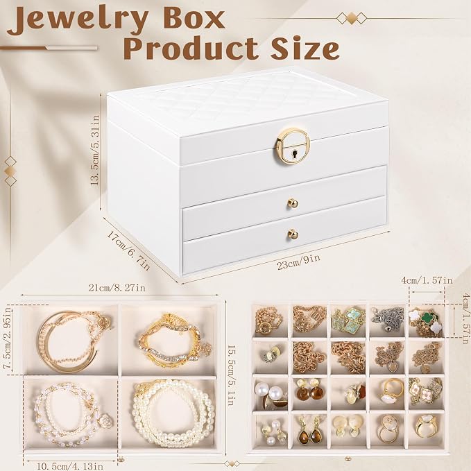3 Layer Jewelry Boxes for Women with Mirror Large Jewelry Organizer Box with 2 Jewelry Organizer Drawer PU Lockable Elegant Unique Gifts for Women, White - Image 6