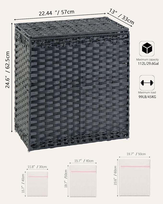 SETVSON Laundry Hamper with Lid Wicker Laundry Basket 112 L (29.6 Gal) Laundry Hampers Handwoven Rattan Clothes Hamper with Handles 3 Removable Liner Bag, 6 Mesh Bags for Bathroom Bedroom Black - Image 5