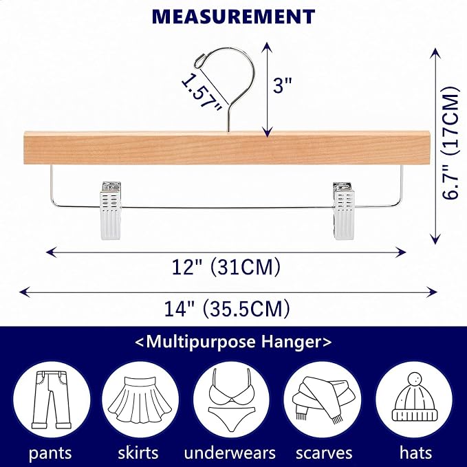 Amber Home 10 Pack Wooden Pants Hangers with Clips, 14" Natural Wood Skirt & Trouser Hangers, Closet Hangers for Jeans, Slacks, Shorts, with 2-Adjustable Clips (Natural, 10) - Image 2