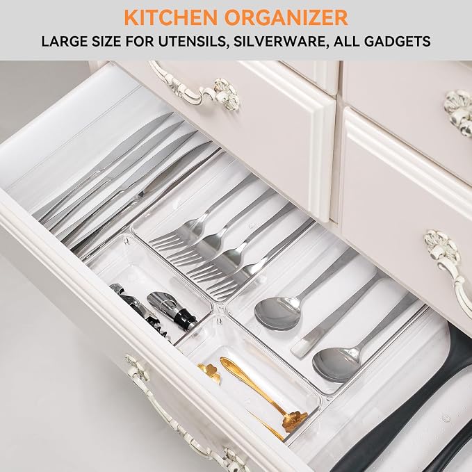 Criusia 8 Pack Drawer Organizer for Kitchen Gadgets, Large Clear Plastic Drawer Divider for Kitchen Accessories, Bathroom Organizers and Storage, Home Essentials for Makeup and Vanity Accessories - Image 6
