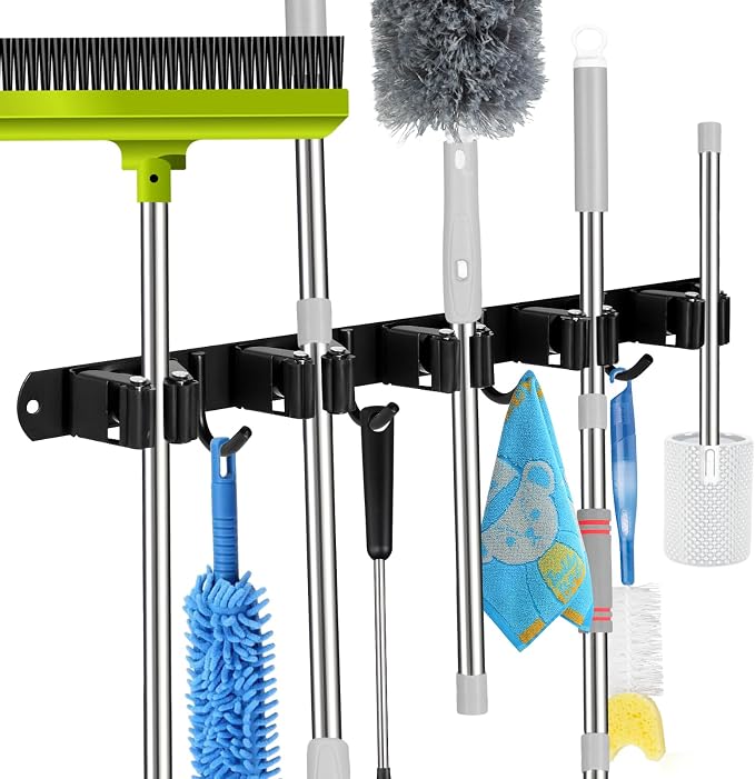 voze [2 Pack] 5 Racks and 4 Hooks Mop and Broom Holder Wall Mount, Self Adhesive Heavy Duty Broom Organizer Storage Tool Racks for Kitchen Garden Laundry Garage Black - Image 2