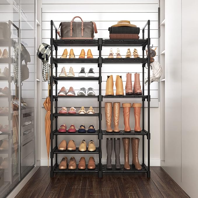 ROJASOP Shoe Rack Organizer, 8-Tier Metal Shoe Rack for Closet Entryway Garage, 26-32 Pairs Tall Shoe Boot Storage Shelf with 15 Hooks, Stackable Large Shoe Stand - Image 7