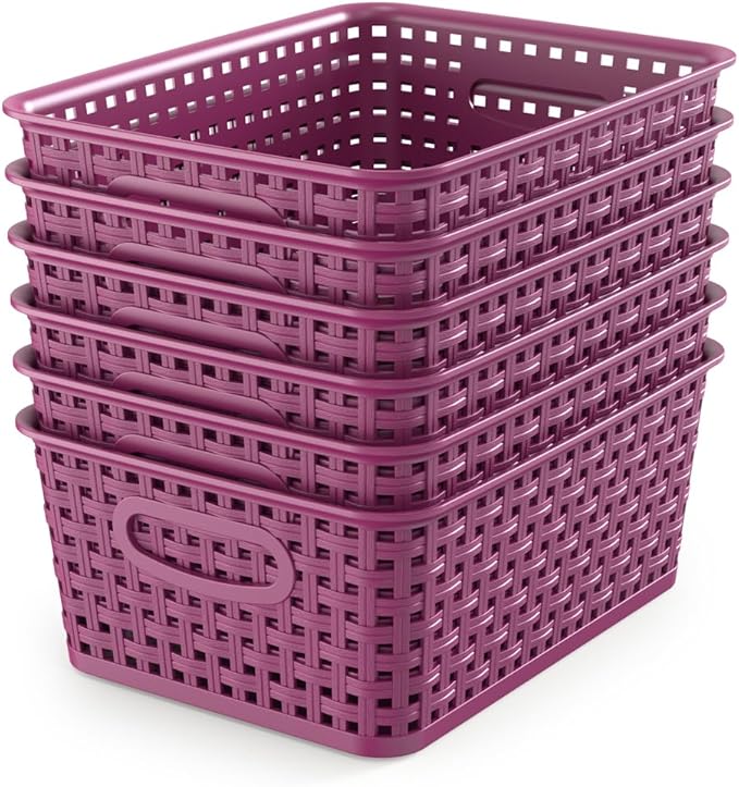 WYT 6-Pack Plastic Small Shelf Storage Weave Baskets Organizing for Cabinets and Pantries, Deep Purple by WYT