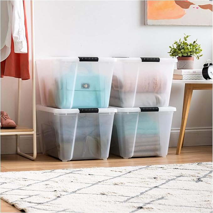 IRIS USA 54 Qt Stackable Plastic Storage Bins with Lids, 8 Pack - BPA-Free, Made in USA - See-Through Organizing Solution, Latches, Durable Nestable Containers, Secure Pull Handle - Clear - Image 4
