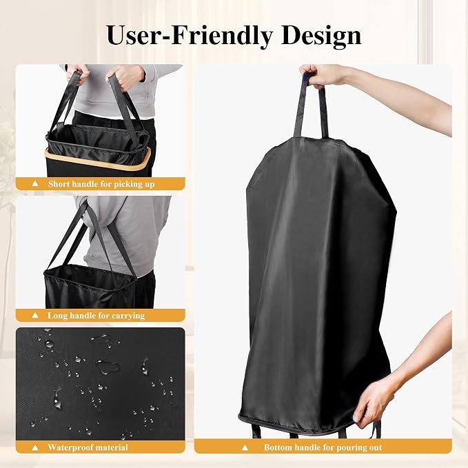 Foluck Slim Laundry Hamper, 60L Waterproof Narrow Laundry Basket with Lid and Removable Bag, Collapsible Tall Clothes Hamper with Bamboo Handles for Clothes Toys in Dorm Bedroom Bathroom, Black - Image 4