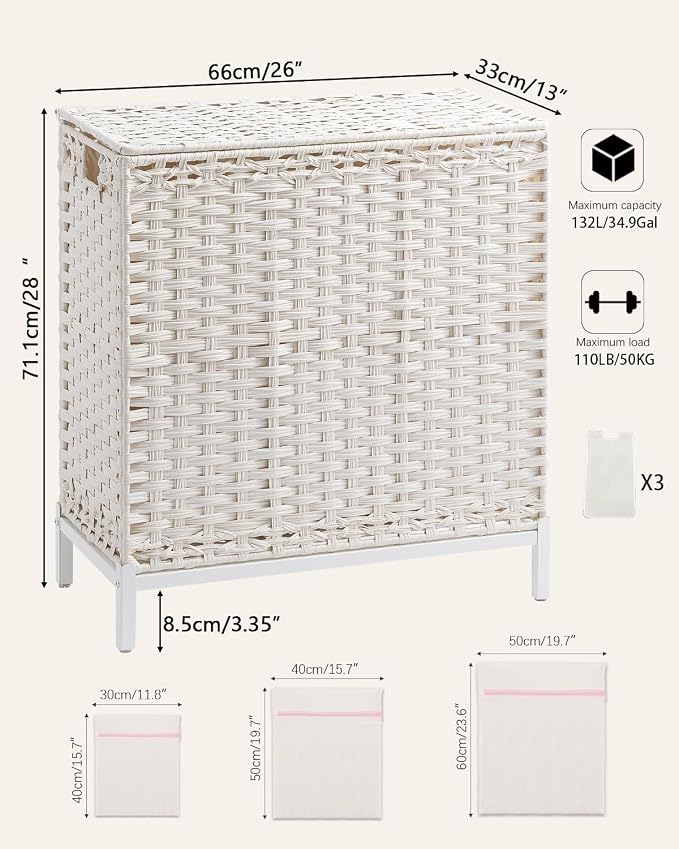 SETVSON Laundry Hamper with Lid 132 L, (35 Gallons) Clothes Hamper with Lid, Handwoven Rattan Laundry Hamper with Metal Heightened Feet, Laundry Hampers with 3 Removable Liner Bags for Laundry-White - Image 5
