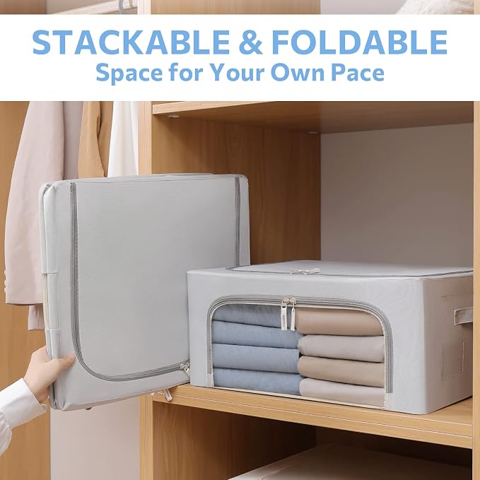 CYhom 3Pack Frame Storage Box - Clothes Storage Bin Bags Oxford Fabric Foldable Stackable Container Organizer Set with Clear Window & Carry Handles (Grey, Medium-44L) - Image 3