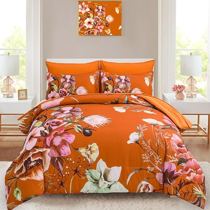 Luxudecor Terracotta Floral Comforter Set Queen Size 7 Piece, Flower Bed in a Bag, Elegant Floral Comforter with Sheet Set, Soft Microfiber Bedding Set for All Season (Terracotta, 90"x90")