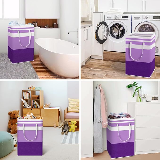 HomeHacks 2 Pack Large Laundry Baskets, Waterproof, Freestanding Laundry Hampers, Collapsible Clothes Hamper with Reinforced Handles in Laundry, College Dorm, Bathroom, Bedroom (Purple, 88Lx2) - Image 6