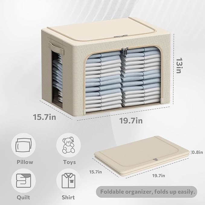 CYhom 3Pack Frame Storage Box - Clothes Storage Bin Bags Oxford Fabric Foldable Stackable Container Organizer Set with Clear Window & Carry Handles Large Capacity (Beige, Large-66L) - Image 6
