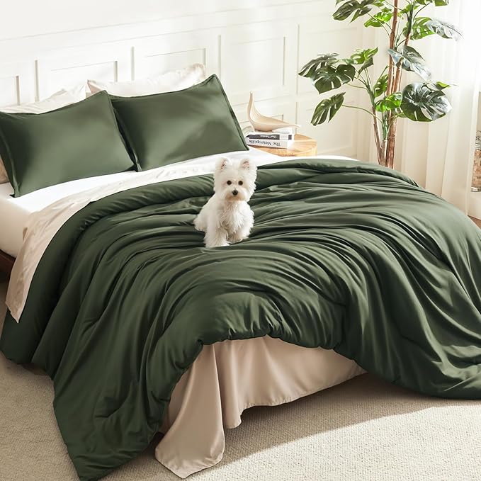 Litanika Dark Olive Green Twin/Twin XL Comforter Set, 2 Pieces Solid Bedding Comforter Set, All Season Fluffy Bed Set (66x90In Comforter & 1 Pillowcase)