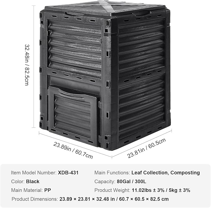 VEVOR Garden Compost Bin 80 Gallon, BPA Free Composter, Large Capacity Outdoor Composting Bin with Top Lid and Bottom Door, Easy Assembling, Lightweight, Fast Creation of Fertile Soil - Image 7