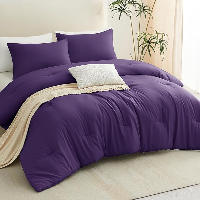 CozyLux King Size Comforter Set Purple, 3 Pieces Solid Comforters King Size Breathable Quilted Bedding Set, Luxury Soft Lightweight Bed Set with Down Alternative Comforter and 2 Pillowcases All Season