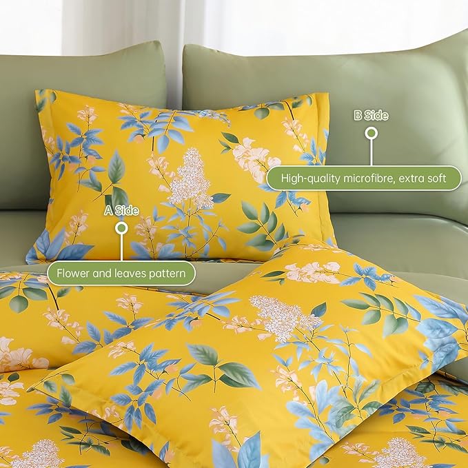 Cottolester Floral Comforter Set Queen Size,7-Piece Yellow Green Comforter Bed in A Bag,Botanical Comforter Set with Pillowcases,Soft Microfiber Complete Bedding Sets for All Season