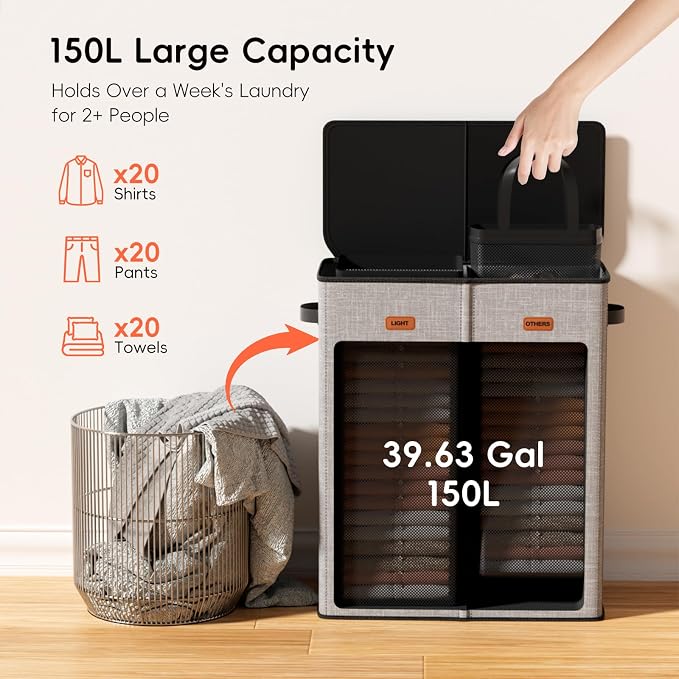 150L Double Laundry Hamper With Lid, Large Clothes Hampers with Removable Bag, Laundry Hamper 2 Section for Bathroom, Bedroom, Laundry Room, Dorm, Grey - Image 3