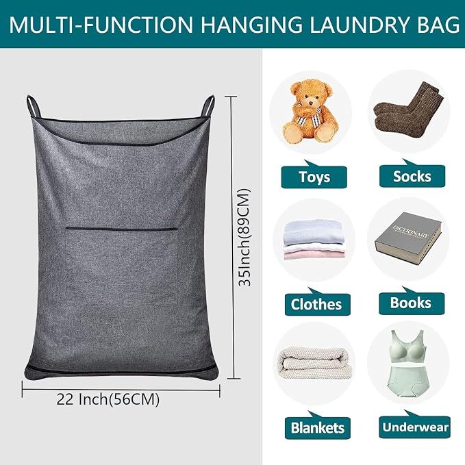 XL Hanging Hamper, Over The Door Hamper with Free Hanging Hooks, Space Saving Over Door Laundry Bag and Laundry Basket for Storage, 2 Pack, (36x22Inch Pop Heather Grey) - Image 5
