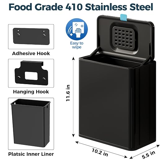 Stainless Steel Hanging Trash Can with Lid and Inner Bucket, 2 Gallon Kitchen Compost Bin for Counter Top, Under Sink or Wall Mount, Small Garbage Can for Cupboard/Bathroom/Bedroom/RV, Black - Image 6