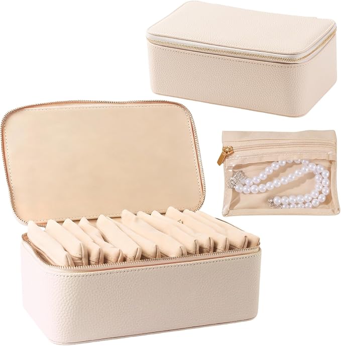 Travel Jewelry Organizer, Travel Jewelry Box with 12 Velvet Zipped Pouches Bags for Jewelries Necklaces Rings Earrings Sorting Storage for Women Girl Gifts, Ivory by Yaliang